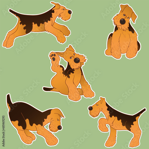 Set of stickers with a dog. Airedale Terrier. Cheerful puppy. Stickers in cartoon style. Puppy character. Sticker pack