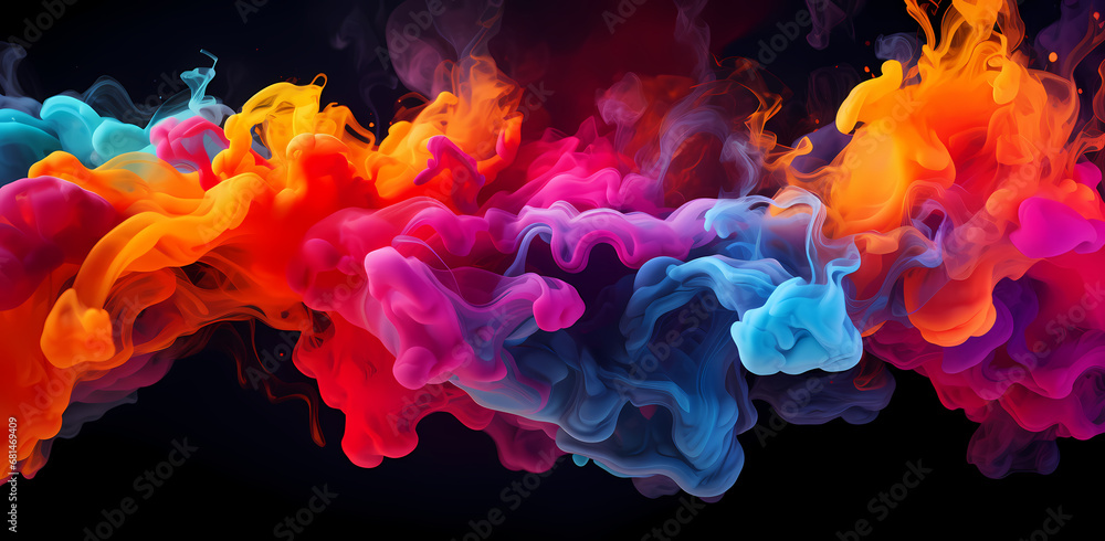 an abstract swirl of colorful smoke on dark background, in the style of colorful cartoon, fluid landscapes, atmospheric clouds, ink-washed, poured