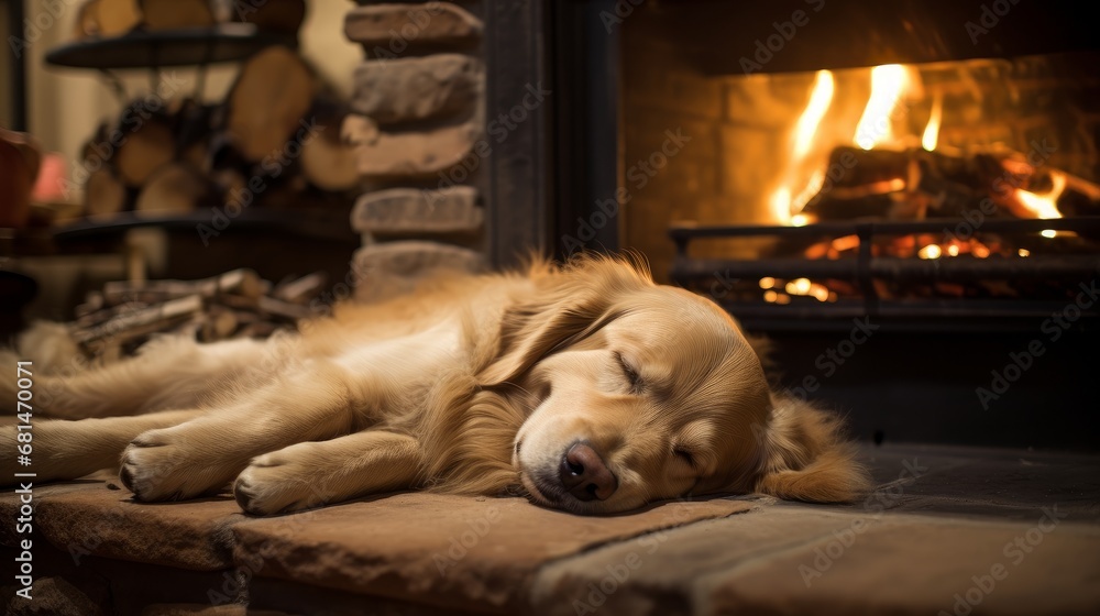 Obraz premium Golden retriever sleeping by a crackling fireplace AI generated illustration