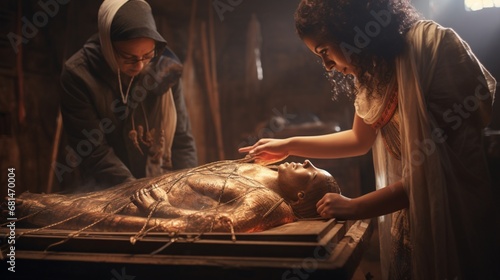 a scene of an ancient Egyptian mummy being prepared for its journey to the afterlife