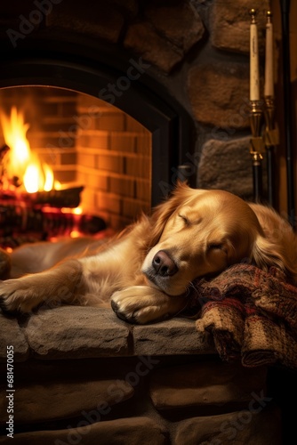 Golden retriever sleeping by a crackling fireplace AI generated illustration