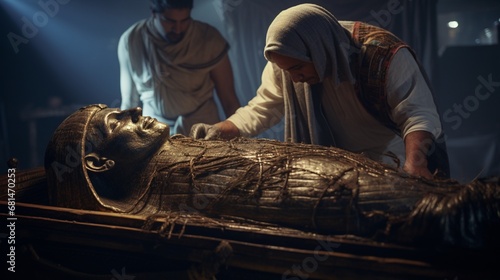 a scene of an ancient Egyptian mummy being prepared for its journey to the afterlife