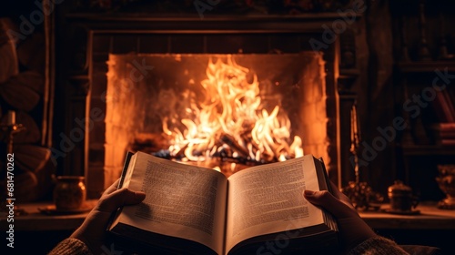 Hands holding a book in front of a roaring fireplace  AI generated illustration