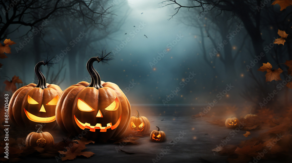 halloween pumpkin Jack O Lantern with an evil face and eyes on a wooden bench with night background with space for product placement
halloween pumpkin Jack O Lantern with an evil face and eyes on a wooden bench with night background with space for product placement