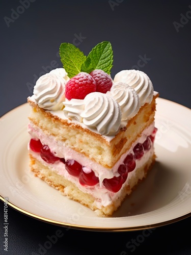 Piece of raspberry cake on a plate.