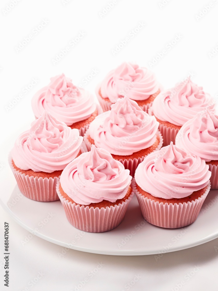 Plate of cupcakes with pink whipped cream frosting. Plate of cupcakes with pink whipped cream frosting.