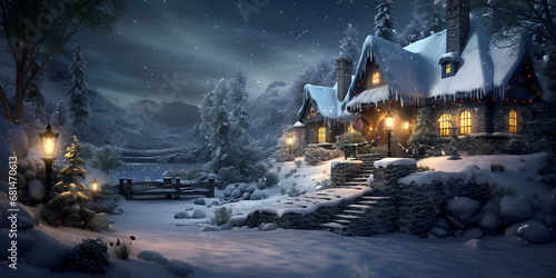 A festive castle perfect for christmas in the snow ,Christmas scene with Christmas decorations in the shape of a house Winter holiday concept ,A beautiful outdoor christmas generative ai