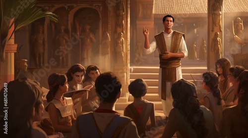 a scene of an ancient Egyptian teacher instructing students in a school