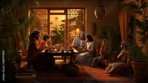 a scene of an Egyptian family enjoying a meal in their home