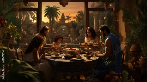 a scene of an Egyptian family enjoying a meal in their home