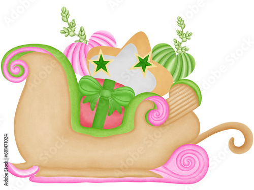 christmas time card or banner with santa sleigh. snow sledge with gifts present boxes