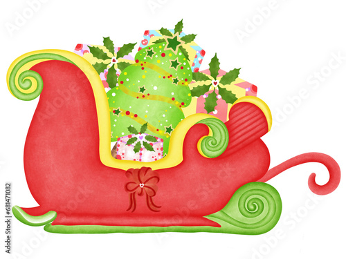 christmas time card or banner with santa sleigh. snow sledge with gifts present boxes