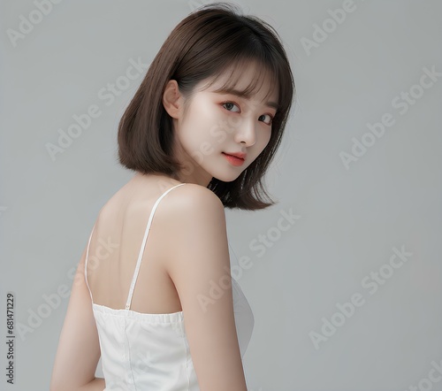 A young korean woman with healthy smooth skin and healthy short hair with bangs, for poster ads, skin care natural beauty.  photo