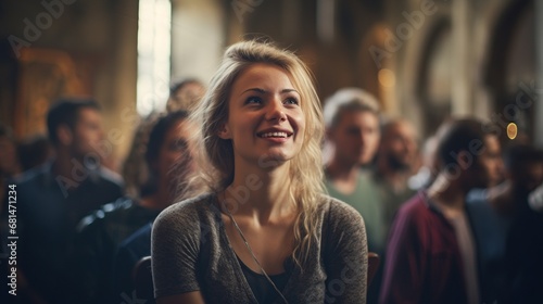 Faithful Expression: Young Tattooed Woman in Church Embracing Worship