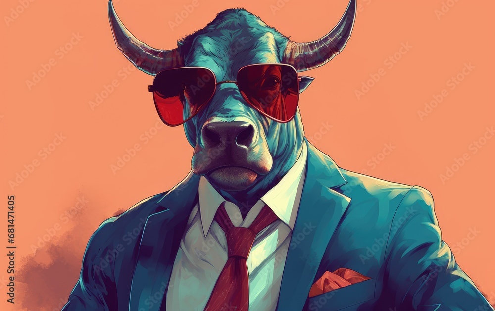bull animal in the form of a man in a suit and sunglasses, a good leader, the boss, director, generative ai - obrazy, fototapety, plakaty 