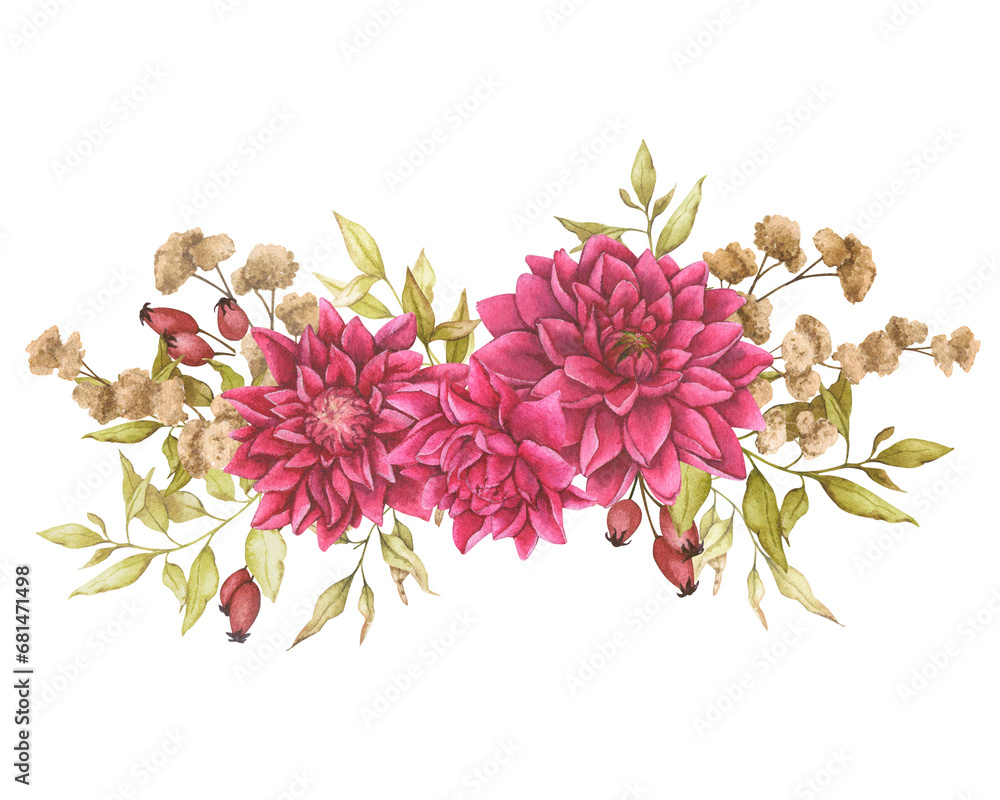 Watercolor composition with dahlias, dried flowers and rose hips. Ready-made designs for prints, posters, cards, invitations, greetings, packaging design. Wedding, birthday, anniversary.
