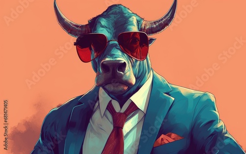 bull animal in the form of a man in a suit and sunglasses, a good leader, the boss, director, generative ai photo