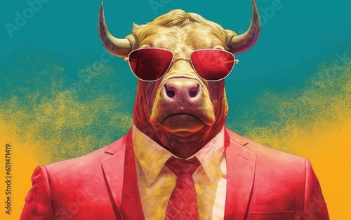 bull animal in the form of a man in a suit and sunglasses, a good leader, the boss, director, generative ai photo