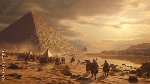 a scene of ancient Egyptians embarking on a trade expedition into the desert