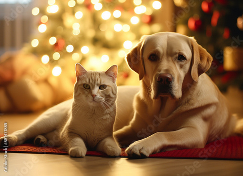 Christmas Harmony Labrador Dog and Cat by the Tree © artefacti