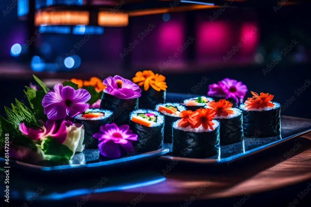 Picture a futuristic sushi roll with LED-lit rice and edible flowers that change colors to match the ambiance of the dining space