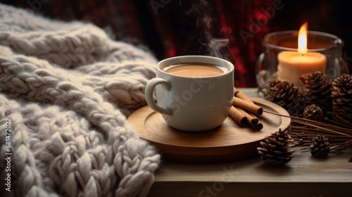 Knitted blanket and a steaming mug of hot cocoa on a wooden tray AI generated illustration