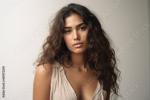 Portrait of a beautiful young latin woman with long curly hair on a gray background.