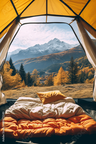 POV from a camping tent: scenic view of the mountains in the autumn