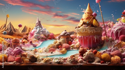Melting ice-cream in a detailed and colorful dessert scene AI generated illustration