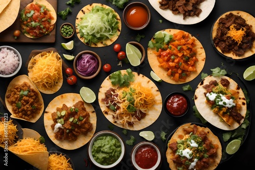 Generate an image of a gourmet taco bar with AI-powered recommendation systems suggesting unique flavor combinations for each taco