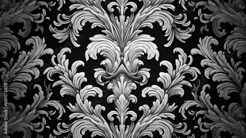 An intricate black and white texture background featuring a seamless damask pattern, suitable for adding a touch of opulence and sophistication to your designs