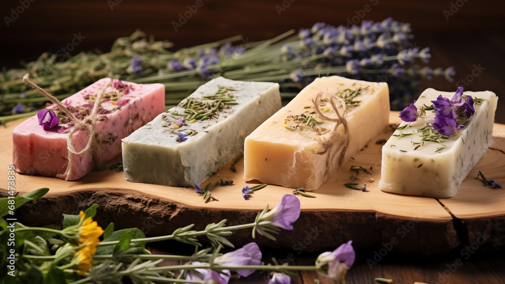 Decorated photo of handmade soaps in different colors with herbal scents - obrazy, fototapety, plakaty 