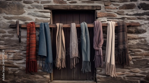 Soft woolen scarves hanging near a rustic front door  AI generated illustration © ArtStage