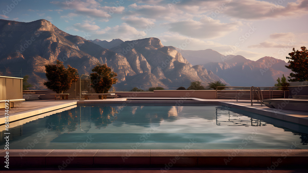 Swimming pool with mountains in the background