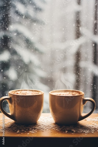 Steaming mugs of hot chocolate against a snowy window AI generated illustration