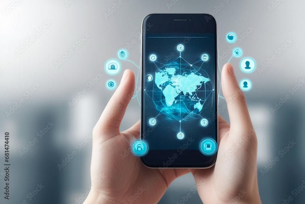 Smartphone in hand on blurred background with social media icons. 3D rendering.IA generativa Smartphone in hand on blurred background with social media icons. 3D rendering.IA generativa