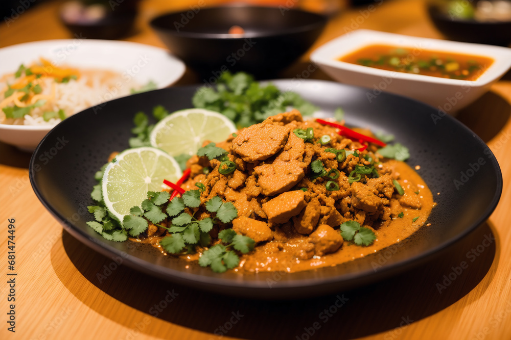 Chinese food, Stir-fried pork in sweet and sour sauce with rice. Chicken noodle soup. Generative AI Chinese food, Stir-fried pork in sweet and sour sauce with rice. Chicken noodle soup. Generative AI