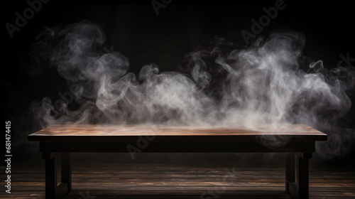 Empty wooden table with smoke