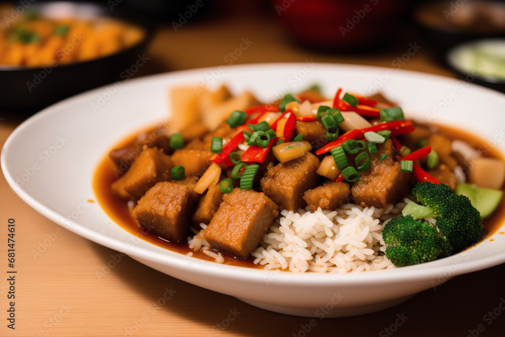 Chinese food, Stir-fried pork in sweet and sour sauce with rice. Chicken noodle soup. Generative AI Chinese food, Stir-fried pork in sweet and sour sauce with rice. Chicken noodle soup. Generative AI
