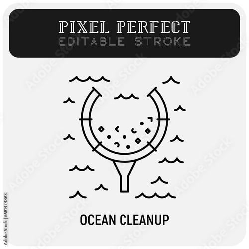Ocean cleanup, save our oceans thin line icon. Garbage in the ocean. Editable stroke. Vector illustration.
