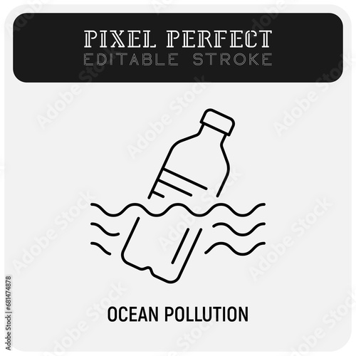 Ocean pollution, plastic bottle in the ocean thin line icon. Garbage in the water. Editable stroke. Vector illustration.