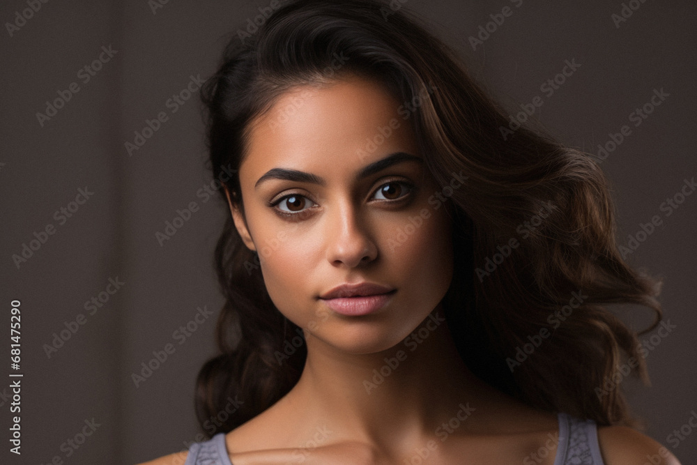 Portrait of a beautiful young woman with long brown curly hair. Portrait of a beautiful young woman with long brown curly hair.