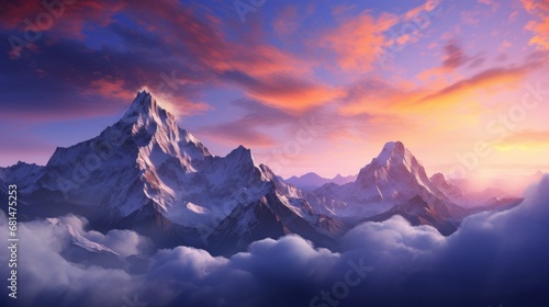 Warm pastel sunrise between mountain peaks AI generated illustration