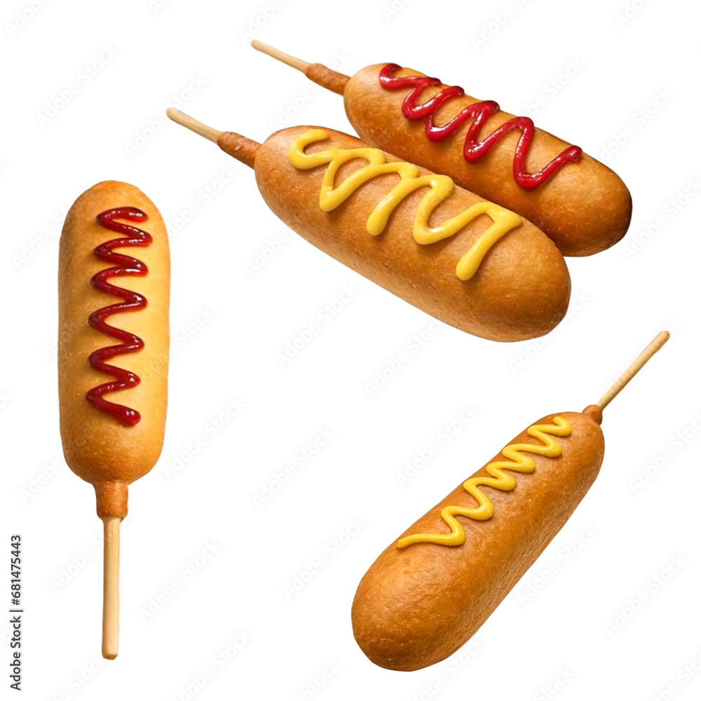 Four corn dogs with different toppings.PNG background. Generative AI. - obrazy, fototapety, plakaty 