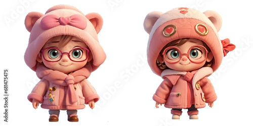 Set of little girl wearing big glasses, pink funny hat and jacket on PNG background. Generative AI.