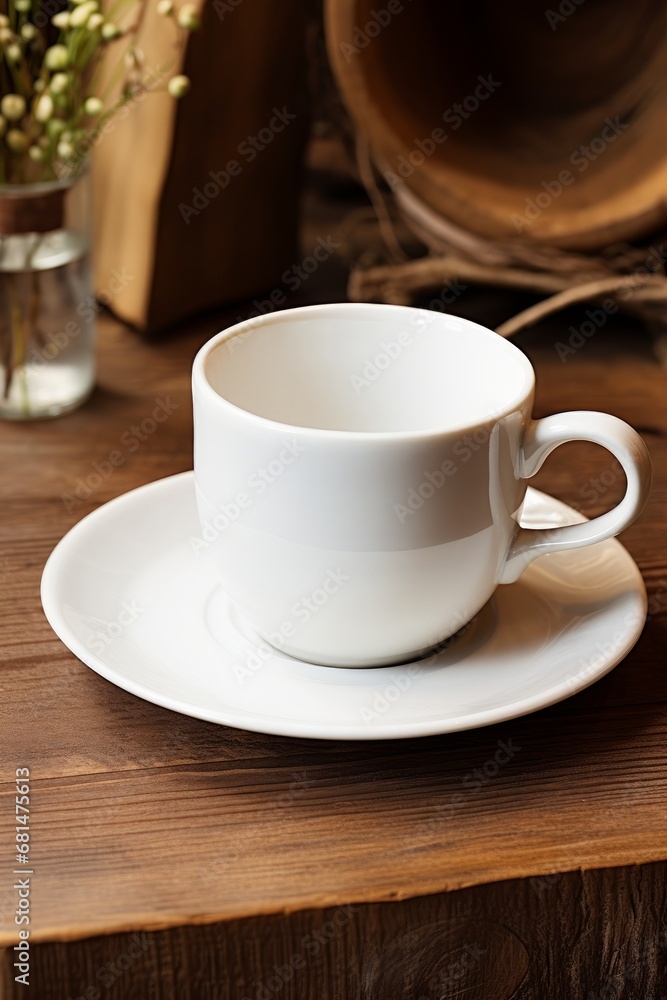White ceramic teacup set on a wooden table AI generated illustration White ceramic teacup set on a wooden table AI generated illustration