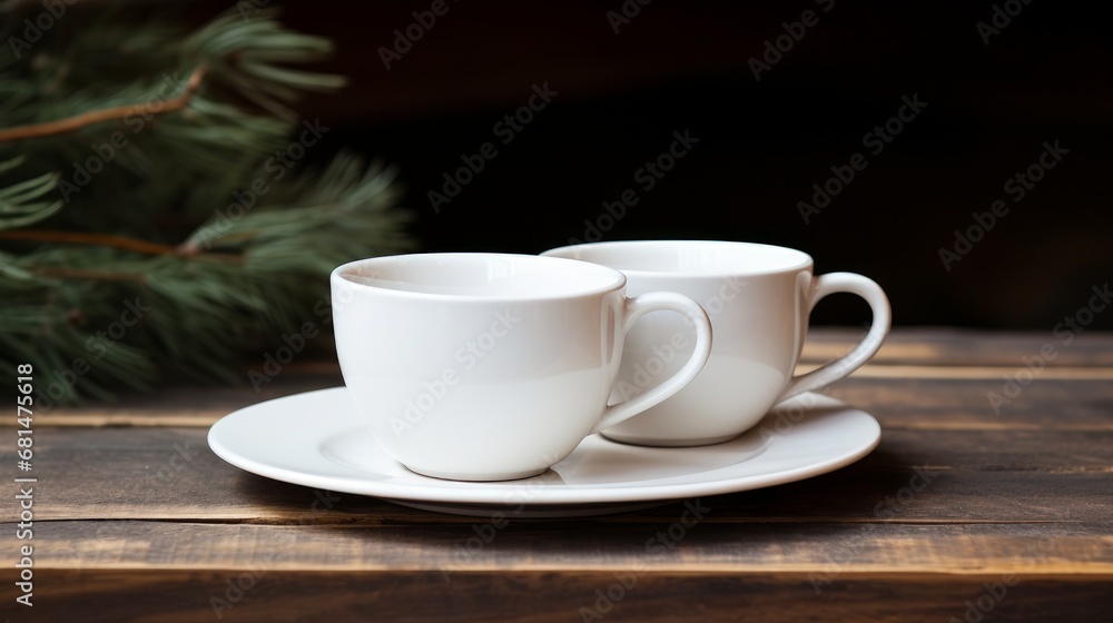 White ceramic teacup set on a wooden table AI generated illustration White ceramic teacup set on a wooden table AI generated illustration