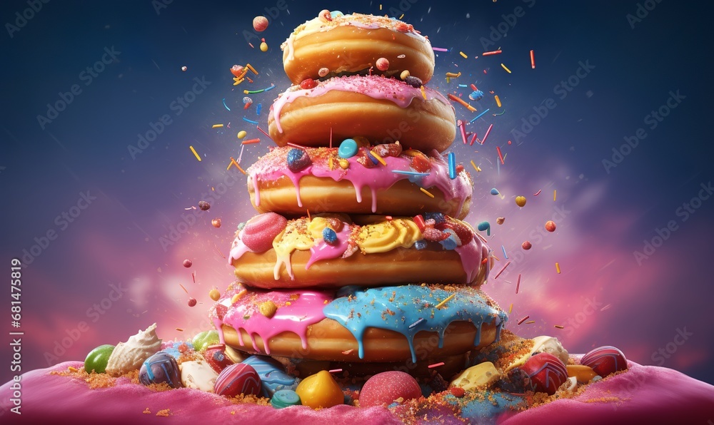 majestic tower of donuts. colorful sprinkles wit magical candy - obrazy, fototapety, plakaty 