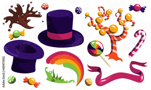 A set from the creator of sweets. Hat, candy, rainbow, grass, chocolate fountain, caramel trees, striped candy on a white background. A collection of parts from a fantastic chocolate factory