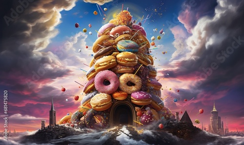 majestic tower of donuts. colorful sprinkles wit magical candy photo